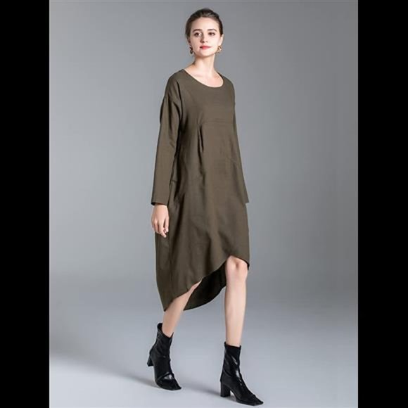 Women's Cotton Irregular Hem Shirt Dress with Pockets - Picture 3 of 5